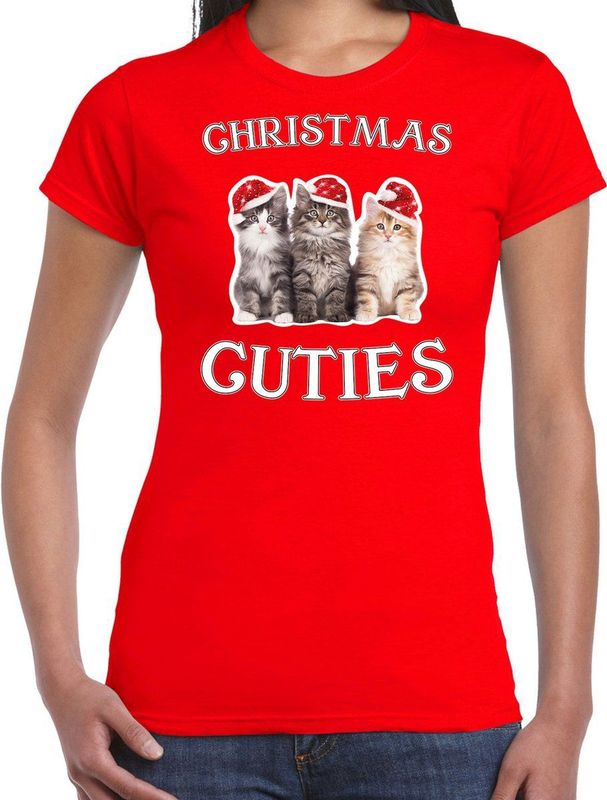 Kitten kerstshirt Kerst t-shirt Christmas cuties rood voor dames - Kerstkleding Christmas outfit