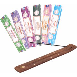 Nag Champa Wierrook Geuren Pakket met 6x Verschillende Geuren met Een Houten Brander Plankje
