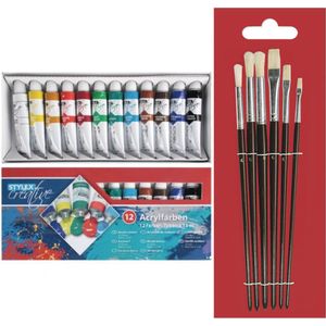 Toppoint set van 12 tubes acrylverf voor kinderen met 6 schilder penselen