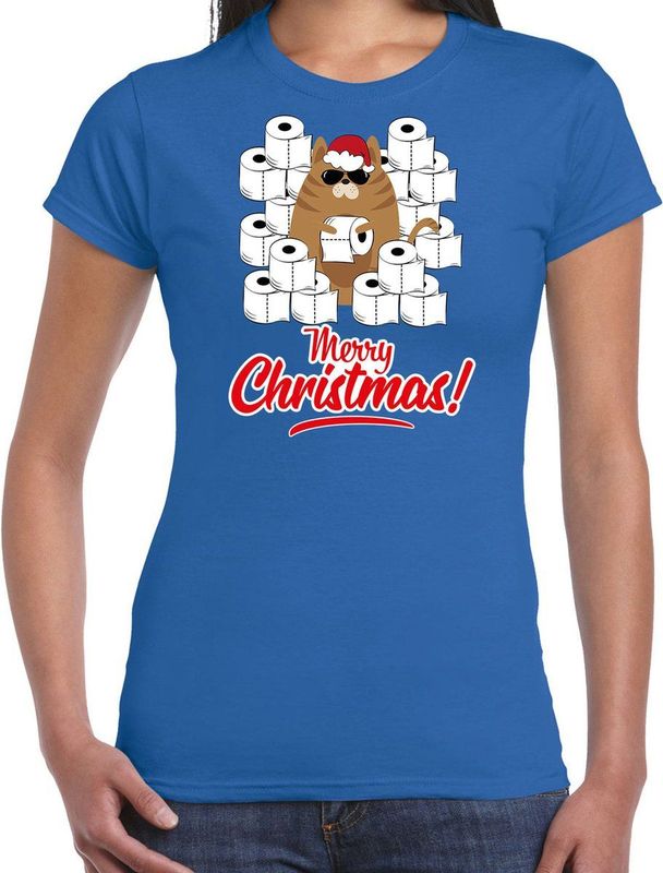 Fout Kerst t-shirt / outfit met hamsterende kat Merry Christmas blauw voor dames