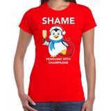 Bellatio Decorations - Kerst T-shirt - Rood - Shame Penguins with Champagne - Dames