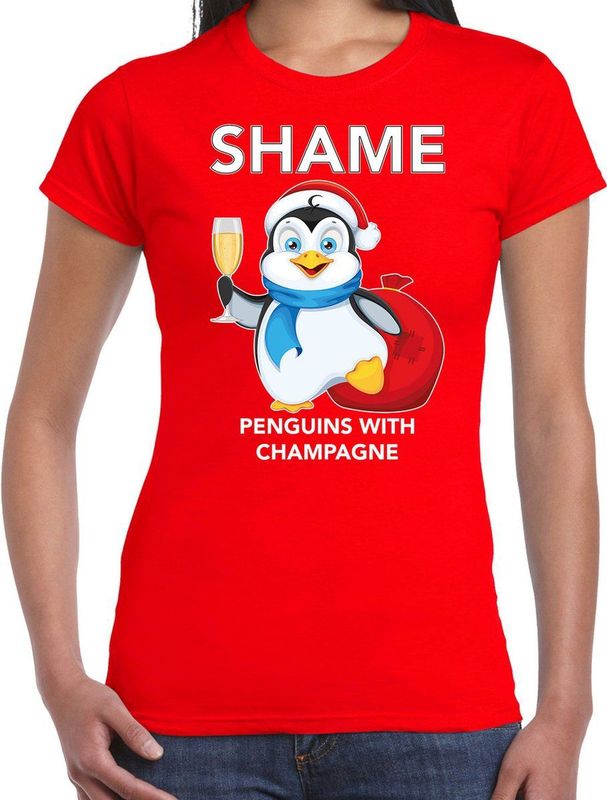Bellatio Decorations - Kerst T-shirt - Rood - Shame Penguins with Champagne - Dames