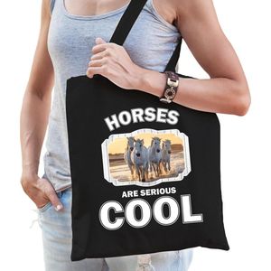 Dieren witte paarden katoenen tasje volw + kind zwart - horses are cool boodschappentas/ gymtas / sporttas - cadeau paarden fan