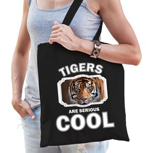 Dieren tijger  katoenen tasje volw + kind zwart - tigers are cool boodschappentas/ gymtas / sporttas - cadeau tijgers fan