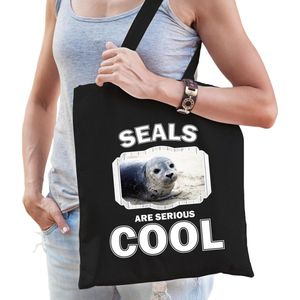 Dieren grijze zeehond katoenen tasje volw + kind zwart - seals are cool boodschappentas/ gymtas / sporttas - cadeau zeehonden fan