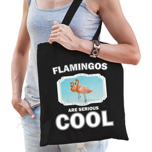 Dieren flamingo  katoenen tasje volw + kind zwart - flamingos are cool boodschappentas/ gymtas / sporttas - cadeau flamingo vogels fan