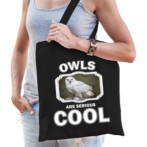 Katoenen tasje owls are serious cool zwart - uilen/ sneeuwuil cadeau tas