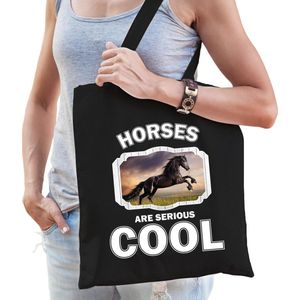 Dieren zwart paard  katoenen tasje volw + kind zwart - horses are cool boodschappentas/ gymtas / sporttas - cadeau paarden fan