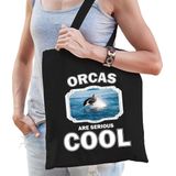 Dieren orka  katoenen tasje volw + kind zwart - orcas are cool boodschappentas/ gymtas / sporttas - cadeau orka vissen fan