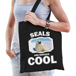 Dieren witte zeehond katoenen tasje volw + kind zwart - seals are cool boodschappentas/ gymtas / sporttas - cadeau zeehonden fan