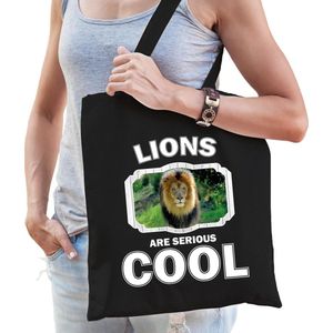 Dieren leeuw  katoenen tasje volw + kind zwart - lions are cool boodschappentas/ gymtas / sporttas - cadeau leeuwen fan