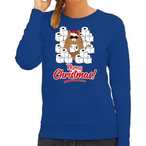 Foute Kerstsweater / kersttrui met hamsterende kat Merry Christmas blauw voor dames- Kerstkleding / Christmas outfit L