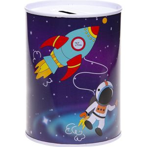 Blauwe spaarpot ruimte 7.5 x 10 cm - Blikken/metalen spaarpotten ruimte raket astronaut