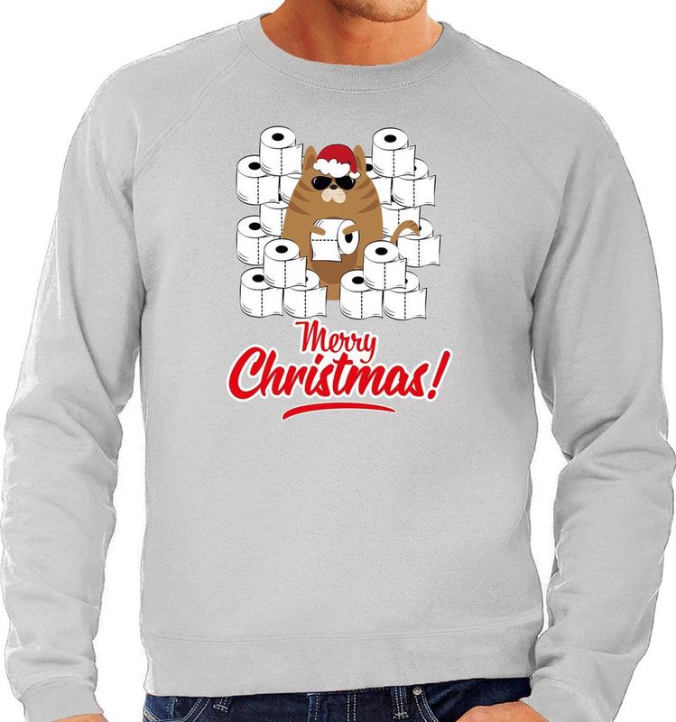 Foute Kersttrui / outfit met hamsterende kat Merry Christmas grijs voor heren - kerst truien