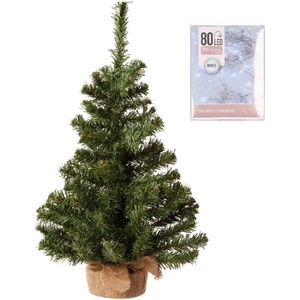 Volle kerstboom in jute zak 60 cm inclusief helder witte kerstverlichting