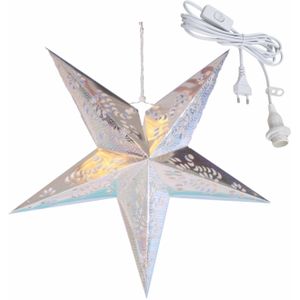 Kerstversiering zilveren kerststerren 60 cm inclusief lichtkabel - Verlichte kerststerren - Kerstdecoratie
