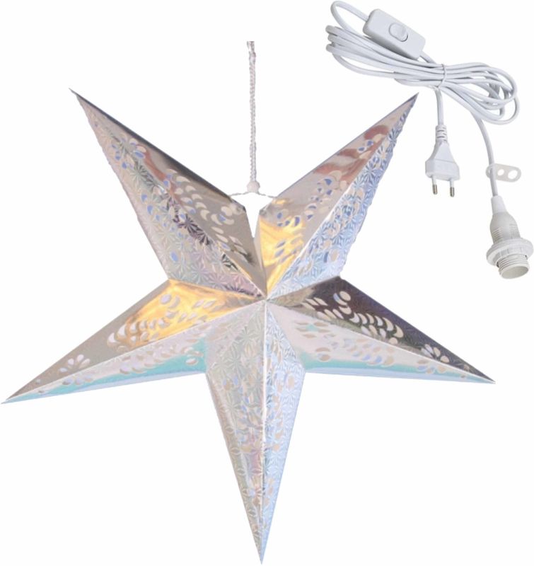 Kerstversiering zilveren kerststerren 60 cm inclusief lichtkabel - Verlichte kerststerren - Kerstdecoratie
