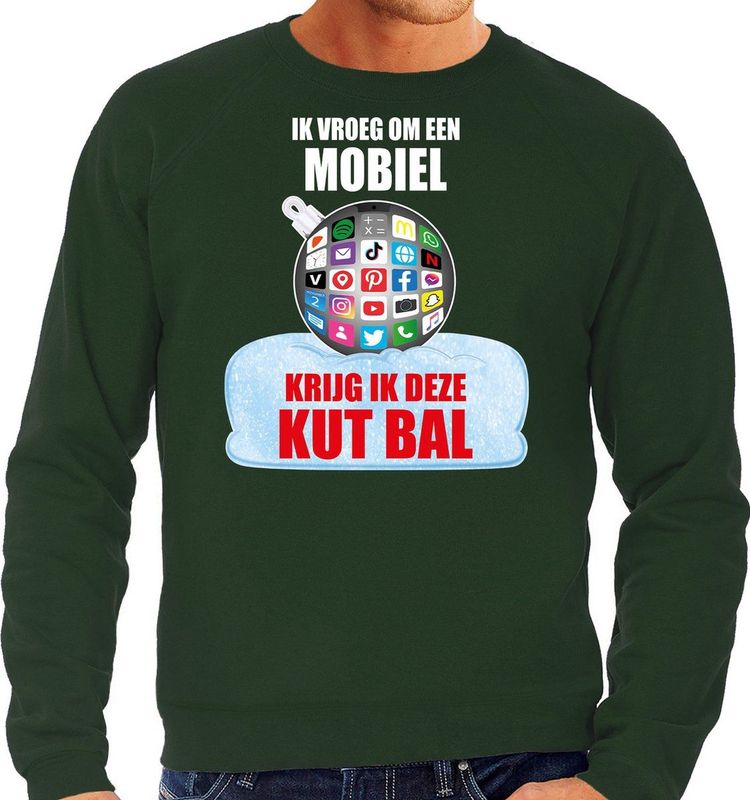 Bellatio Decorations - Kerstsweater - Groen - Katoen - Bedrukt met Tekst