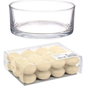 Cadeau set/Sfeer set van een lage luxe transparante vaas 8 x 19 cm met 24x creme witte drijfkaarsen 4.5 cm
