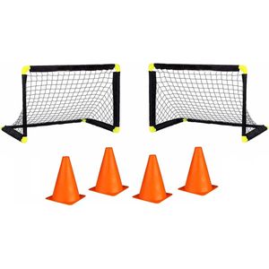 2x stuks voetbal goals/doelen set met 4x stuks oranje pionnen van 19 cm - Voetbalveld voor kinderen