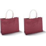Set van 2x stuks jute rode strandtassen/boodschappentassen 42 x 36 cm - Opberg tassen