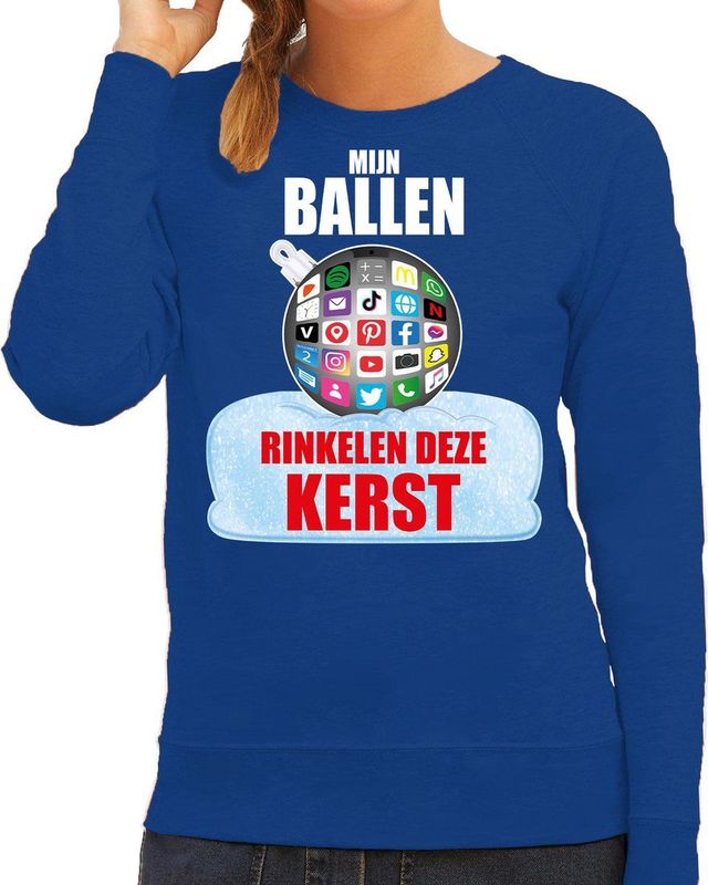 Rinkelende Kerstbal sweater / foute Kersttrui Mijn ballen rinkelen deze Kerst blauw voor dames