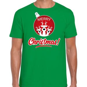 Kerst T-shirt - Groen - Katoen - Merry Christmas Met Rendier