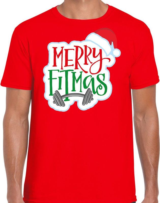 Merry fitmas Kerstshirt Kerst t-shirt rood voor heren - Kerstkleding Christmas outfit