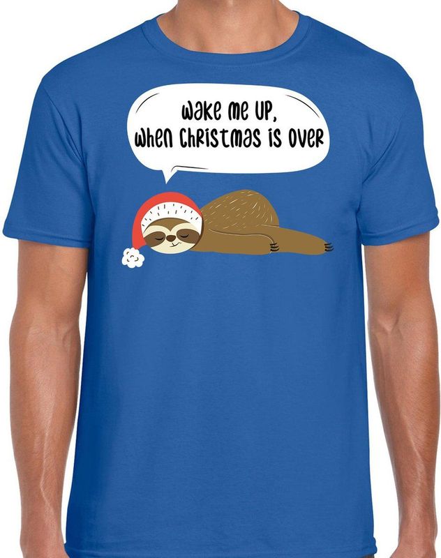 Luiaard Kerst t-shirt / outfit Wake me up when christmas is over blauw voor heren