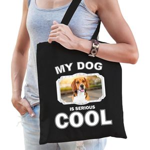 Beagle honden tasje zwart volwassenen en kinderen - my dog serious is cool kado boodschappentasje