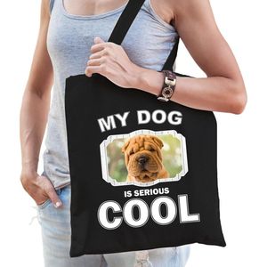 Dieren Shar peis tasje katoen volw + kind zwart - my dog is serious cool kado boodschappentas/ gymtas / sporttas - honden / hond