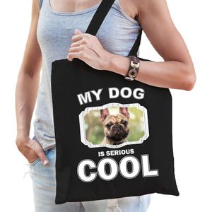 Dieren Franse bulldogs tasje katoen volw + kind zwart - my dog is serious cool kado boodschappentas/ gymtas / sporttas - honden / hond