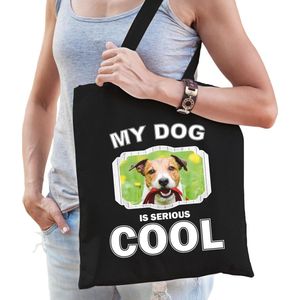 Jack russel honden tasje zwart volwassenen en kinderen - my dog serious is cool kado boodschappentas - Feest Boodschappentassen