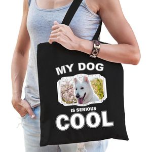 Witte herder honden tasje zwart volwassenen en kinderen - my dog serious is cool kado boodschappenta - Feest Boodschappentassen