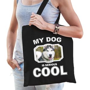 Husky honden tasje zwart volwassenen en kinderen - my dog serious is cool kado boodschappentasje - Feest Boodschappentassen