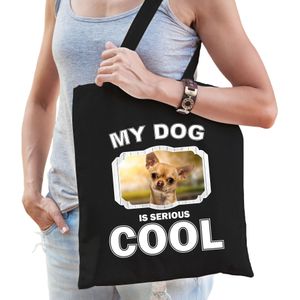 Katoenen tasje my dog is serious cool zwart - Chihuahua honden cadeau tas