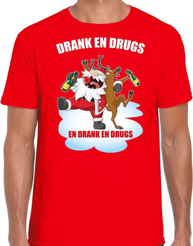 Fout Kerstshirt Kerst t-shirt Drank en drugs rood voor heren - Kerstkleding Christmas outfit