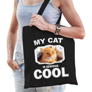 Dieren Rode katten tasje katoen volw + kind zwart - my cat is serious cool kado boodschappentas/ gymtas / sporttas - katten/ poes