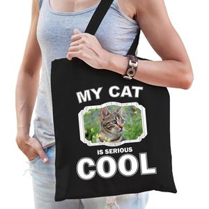 Bruine kat katten tasje zwart volwassenen en kinderen - my cat serious is cool kado boodschappentasj - Feest Boodschappentassen