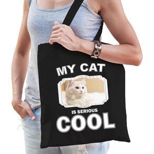 Witte kat katten tasje zwart volwassenen en kinderen - my cat serious is cool kado boodschappentasje - Feest Boodschappentassen