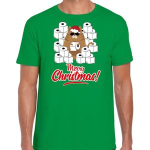 Kerst T-shirt - Groen - Katoen - Merry Christmas met Hamsterende Kat