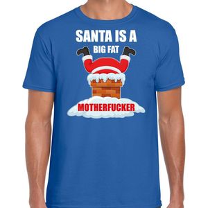 Bellatio Decorations - Fout Kerst T-shirt - Blauw - Santa is a big fat motherfucker