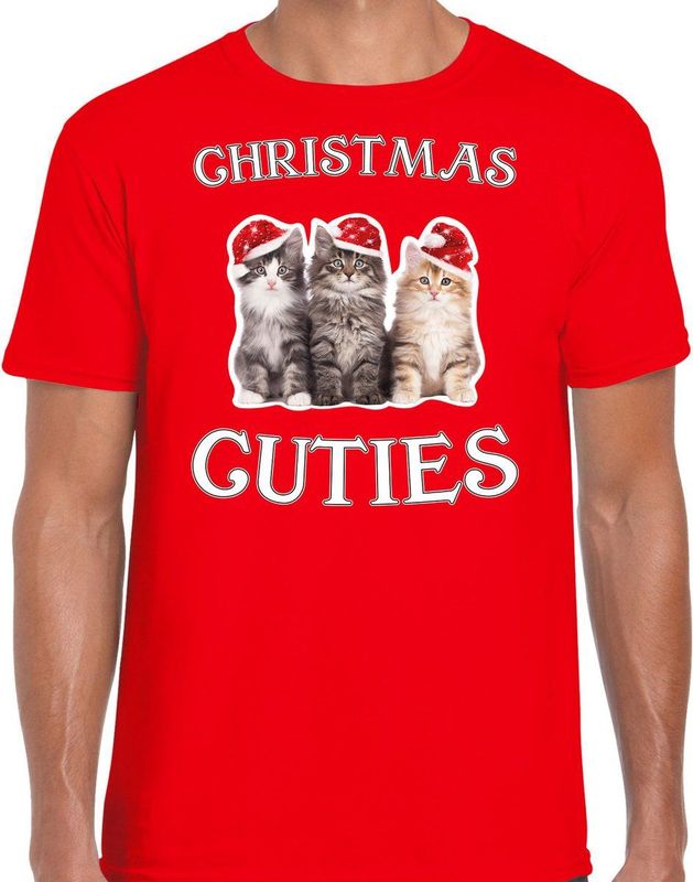 Kitten Kerstshirt Kerst t-shirt Christmas cuties rood voor heren - Kerstkleding Christmas outfit