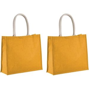 Set van 2x stuks jute gele boodschappen/strandtassen 42 x 36 cm - Strandartikelen beach bag/shopping bag