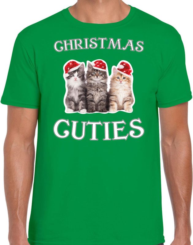 Kitten Kerstshirt Kerst t-shirt Christmas cuties groen voor heren - Kerstkleding Christmas outfit