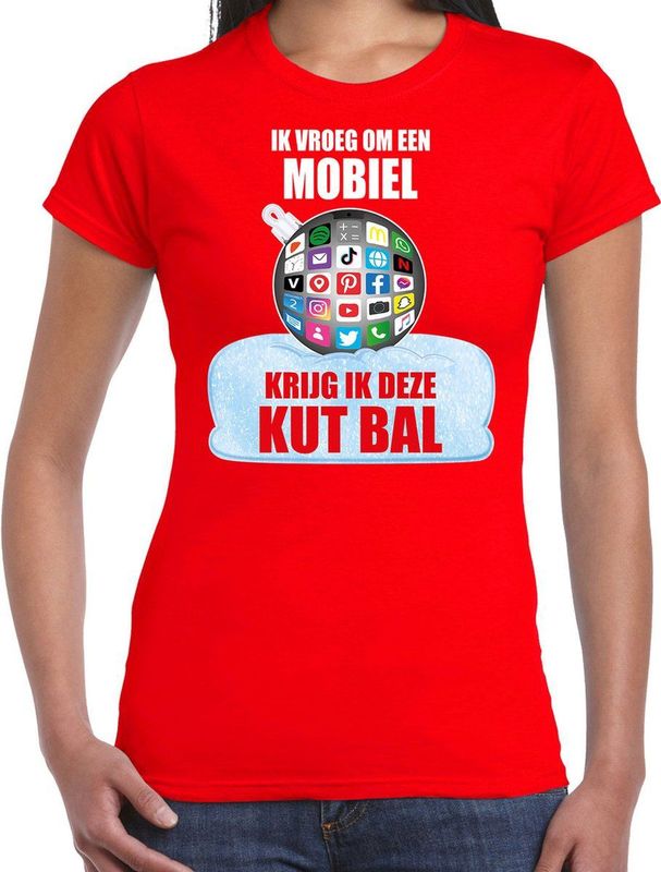 Bellatio - Kerstbal Shirt - Rood - 100% Katoen - Dames