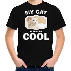 Witte Kat - My Cat Is Serious - T-shirt - Zwart - Kinderen - Kattenliefhebber