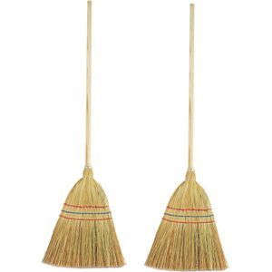 Set van 2x kinderbezems stro met steel 90 cm - Schoonmaakartikelen/Kamerbezems