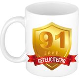 Gefeliciteerd 91 jaar jubileum/ verjaardag mok met gouden schild