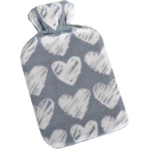 Water kruik met fleece hoes grijze/witte hartjes print 1,7 liter - 35 x 18 cm - Warmwaterkruiken - Warmtekruik - Bedkruik